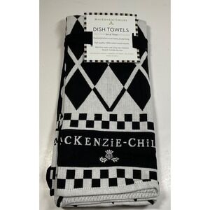 Mackenzie-Childs Dish Towels Set of 2 Black White Harlequin Polka Dot Cotton NEW